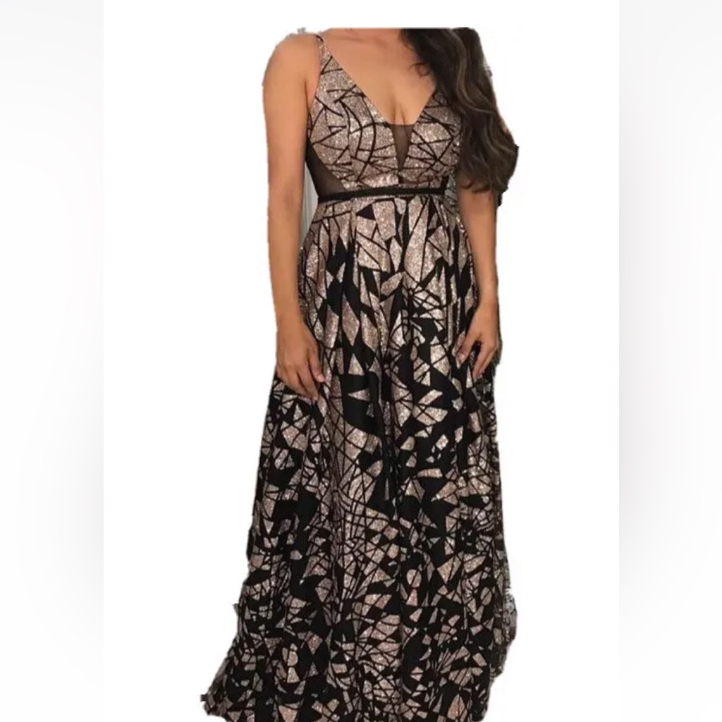 Black/Gold Glitter Sleeveless Dress Prom Evening Gown Sz 6 Iridescent Metallic